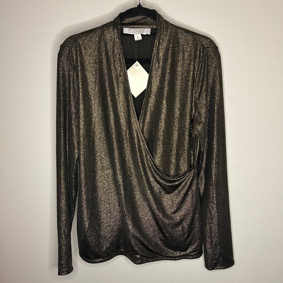American Glamour Badgley Mischka Tops - American Glamour Badgley Mischka Gold Metallic Faux Wrap Blouse L NWT Party NYE